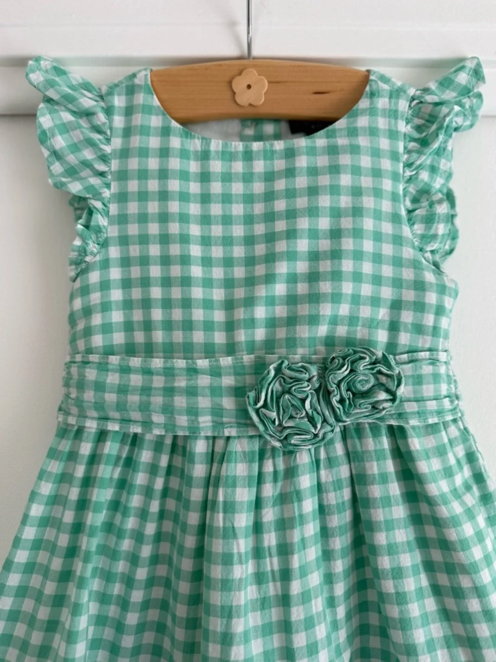 Chaps Toddler Girls 18M Green Gingham Dress Ruffle Hem Floral Detail - Picture 4 of 14
